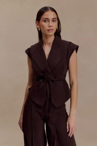 charley structured tie denim top chocolate 1 330x495 - Charley Structured Tie Denim Top - Chocolate