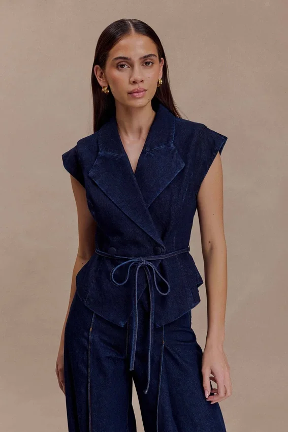 Charley Structured Tie Denim Top – Indigo Blue Charley Structured Tie Denim Top – Indigo Blue