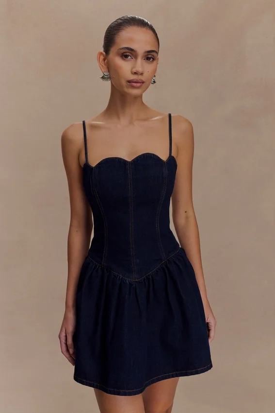 Cheyenne Scallop Denim Mini Dress – Indigo Blue Cheyenne Scallop Denim Mini Dress – Indigo Blue