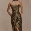 Clemence Plisse Maxi Dress – Gold