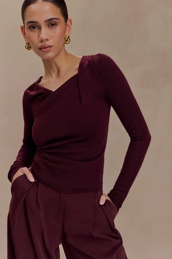 Culver Draped Twist Knit Top – Wine Culver Draped Twist Knit Top – Wine