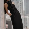 Cyrill Strapless Satin Structured Maxi Dress – Black