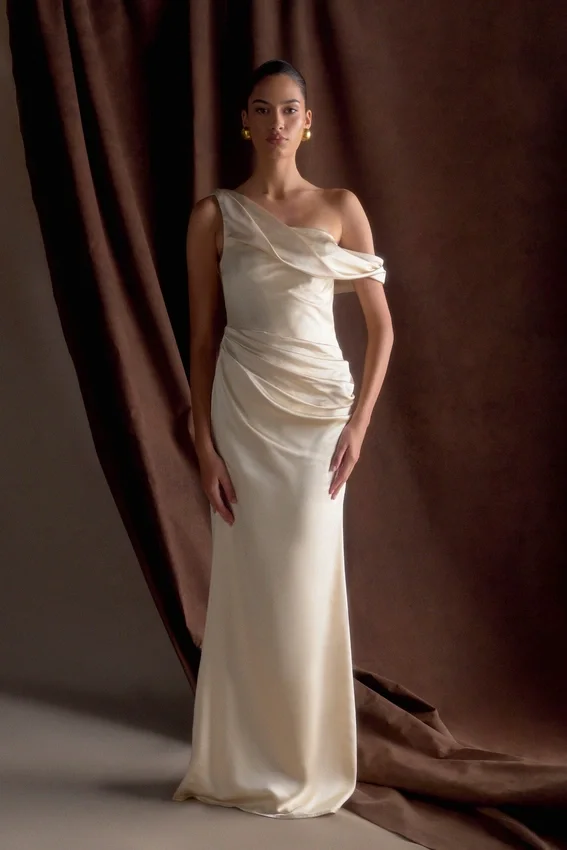 Dalia Off Shoulder Satin Maxi Dress – Blush Gold Dalia Off Shoulder Satin Maxi Dress – Blush Gold