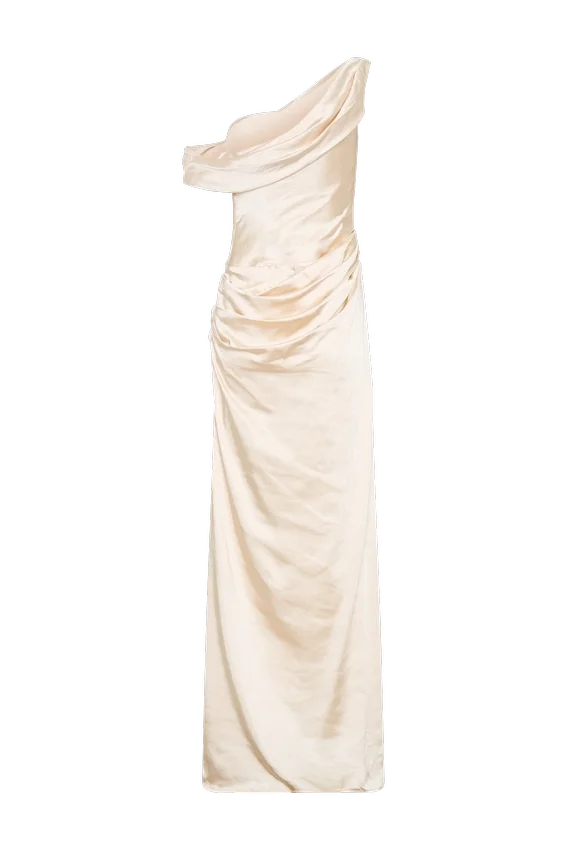 Dalia Off Shoulder Satin Maxi Dress – Blush Gold Dalia Off Shoulder Satin Maxi Dress – Blush Gold