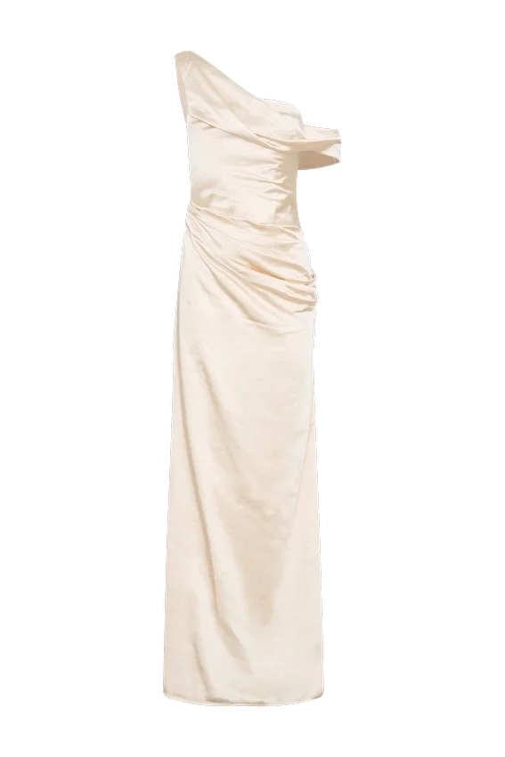Dalia Off Shoulder Satin Maxi Dress – Blush Gold Dalia Off Shoulder Satin Maxi Dress – Blush Gold