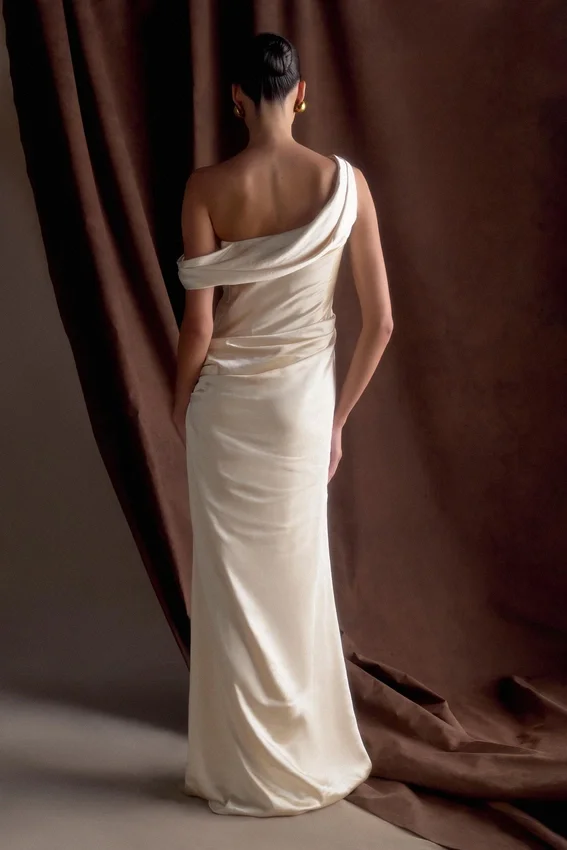 Dalia Off Shoulder Satin Maxi Dress – Blush Gold Dalia Off Shoulder Satin Maxi Dress – Blush Gold