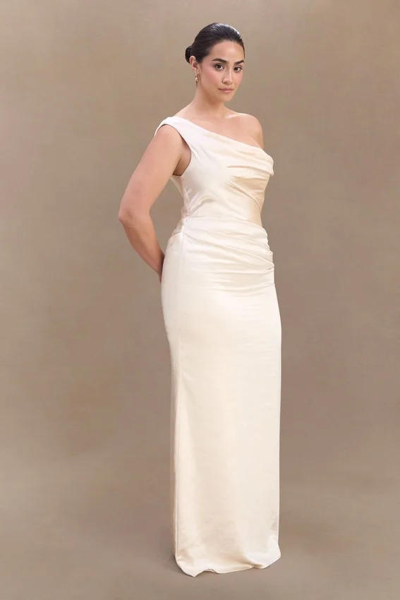 Dalia Off Shoulder Satin Maxi Dress – Blush Gold Dalia Off Shoulder Satin Maxi Dress – Blush Gold