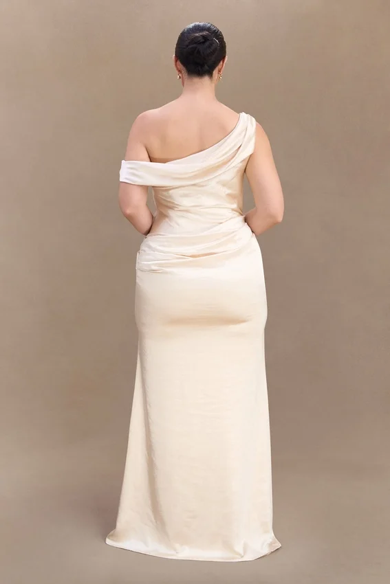 Dalia Off Shoulder Satin Maxi Dress – Blush Gold Dalia Off Shoulder Satin Maxi Dress – Blush Gold