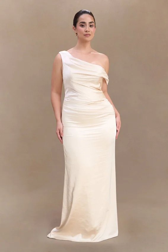 Dalia Off Shoulder Satin Maxi Dress – Blush Gold Dalia Off Shoulder Satin Maxi Dress – Blush Gold