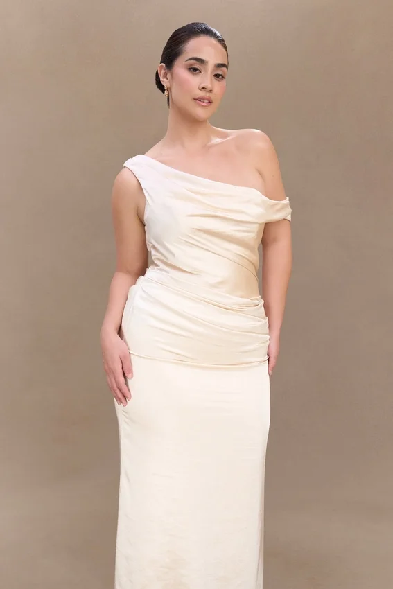 Dalia Off Shoulder Satin Maxi Dress – Blush Gold Dalia Off Shoulder Satin Maxi Dress – Blush Gold