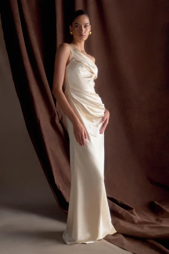 Dalia Off Shoulder Satin Maxi Dress – Blush Gold Dalia Off Shoulder Satin Maxi Dress – Blush Gold