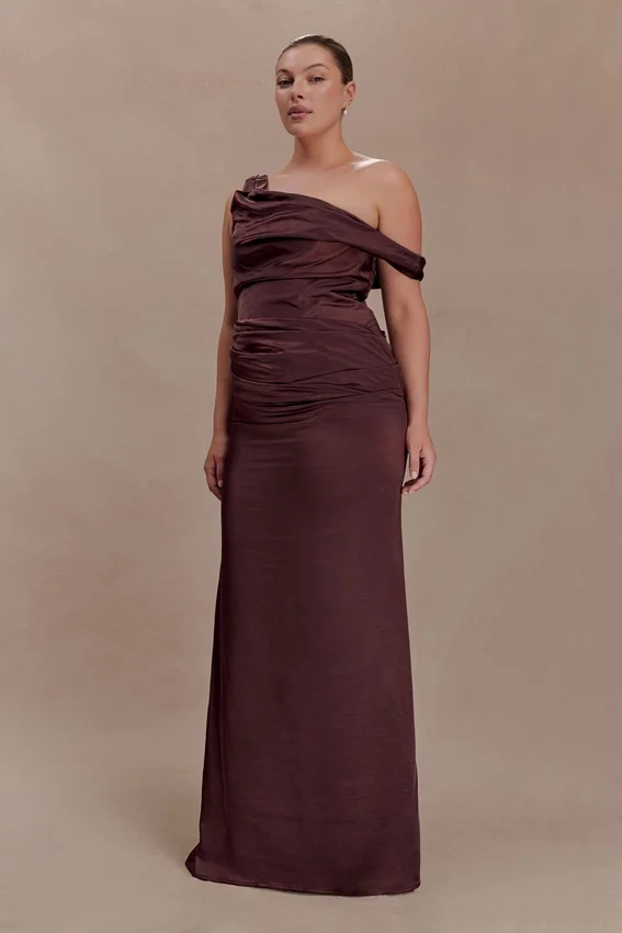 Dalia Off Shoulder Satin Maxi Dress – Dark Chocolate Dalia Off Shoulder Satin Maxi Dress – Dark Chocolate