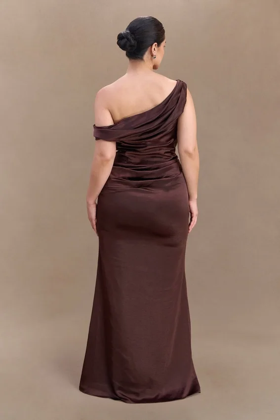 Dalia Off Shoulder Satin Maxi Dress – Dark Chocolate Dalia Off Shoulder Satin Maxi Dress – Dark Chocolate