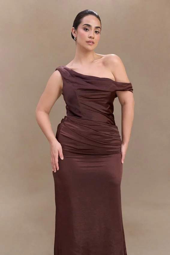 Dalia Off Shoulder Satin Maxi Dress – Dark Chocolate Dalia Off Shoulder Satin Maxi Dress – Dark Chocolate
