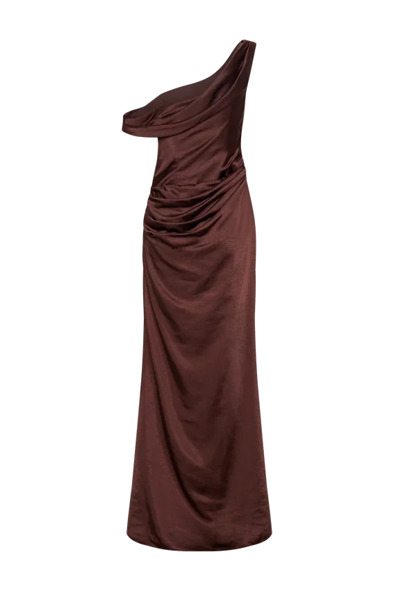 Dalia Off Shoulder Satin Maxi Dress – Dark Chocolate Dalia Off Shoulder Satin Maxi Dress – Dark Chocolate