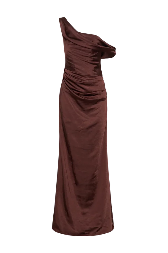 Dalia Off Shoulder Satin Maxi Dress – Dark Chocolate Dalia Off Shoulder Satin Maxi Dress – Dark Chocolate