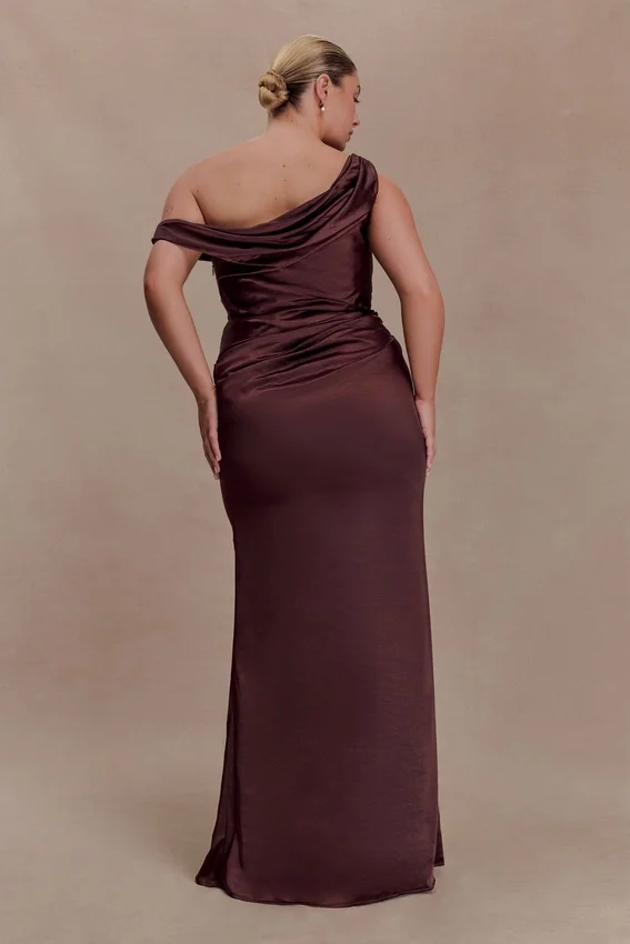 Dalia Off Shoulder Satin Maxi Dress – Dark Chocolate Dalia Off Shoulder Satin Maxi Dress – Dark Chocolate