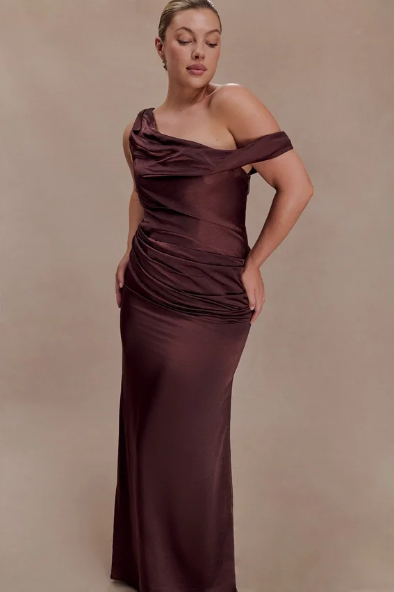 Dalia Off Shoulder Satin Maxi Dress – Dark Chocolate Dalia Off Shoulder Satin Maxi Dress – Dark Chocolate