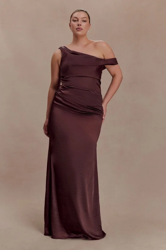 Dalia Off Shoulder Satin Maxi Dress – Dark Chocolate Dalia Off Shoulder Satin Maxi Dress – Dark Chocolate