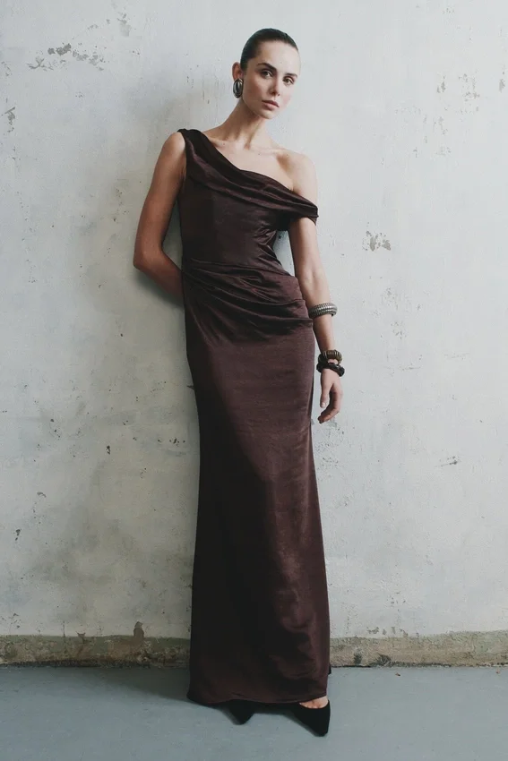 Dalia Off Shoulder Satin Maxi Dress – Dark Chocolate Dalia Off Shoulder Satin Maxi Dress – Dark Chocolate