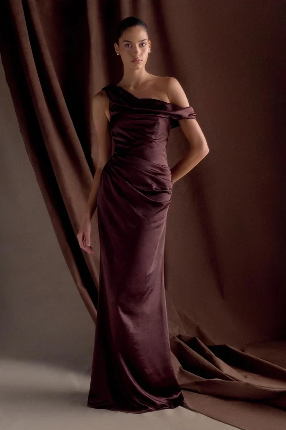 Dalia Off Shoulder Satin Maxi Dress – Dark Chocolate Dalia Off Shoulder Satin Maxi Dress – Dark Chocolate