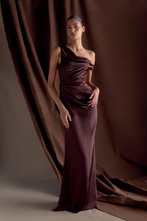 Dalia Off Shoulder Satin Maxi Dress – Dark Chocolate Dalia Off Shoulder Satin Maxi Dress – Dark Chocolate
