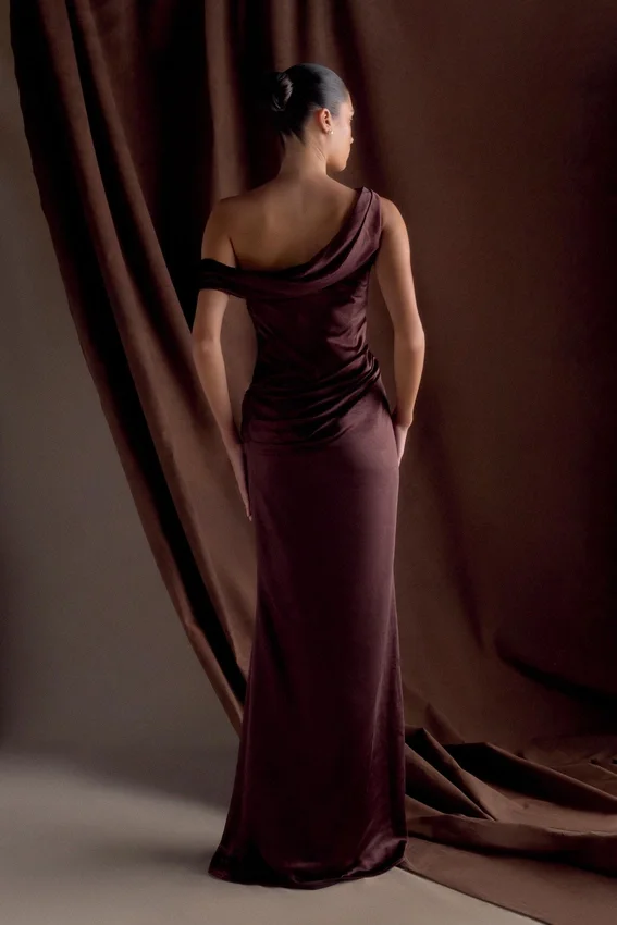 Dalia Off Shoulder Satin Maxi Dress – Dark Chocolate Dalia Off Shoulder Satin Maxi Dress – Dark Chocolate