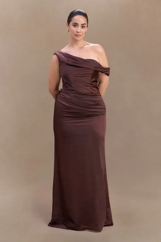 Dalia Off Shoulder Satin Maxi Dress – Dark Chocolate Dalia Off Shoulder Satin Maxi Dress – Dark Chocolate
