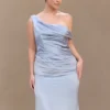 Dalia Off Shoulder Satin Maxi Dress – Frosted Blue Dalia Off Shoulder Satin Maxi Dress – Frosted Blue