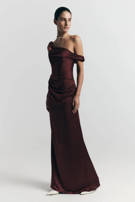 Dalia Off Shoulder Satin Maxi Dress – Mahogany Dalia Off Shoulder Satin Maxi Dress – Mahogany