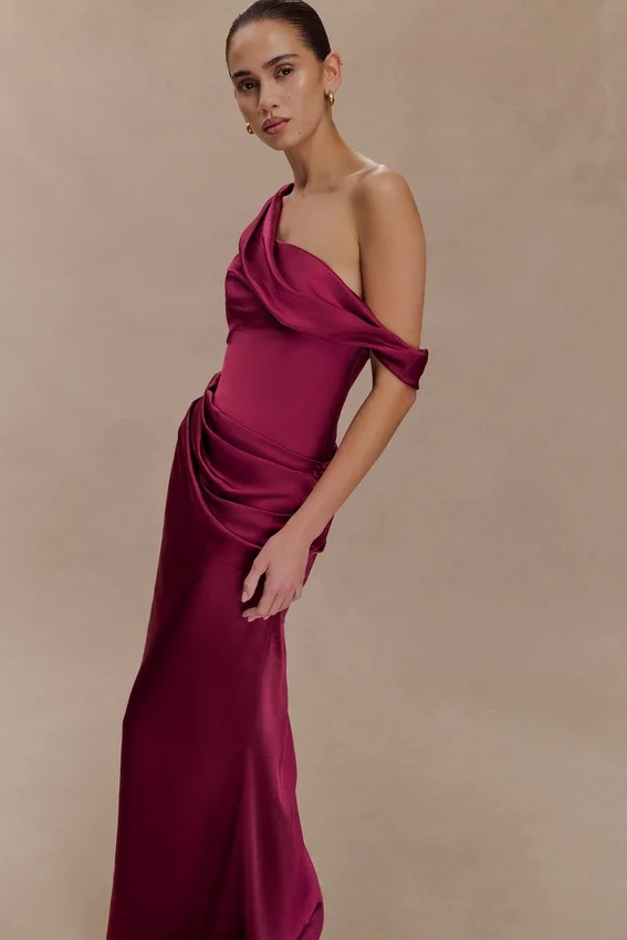 Dalia Off Shoulder Satin Maxi Dress – Mahogany Dalia Off Shoulder Satin Maxi Dress – Mahogany