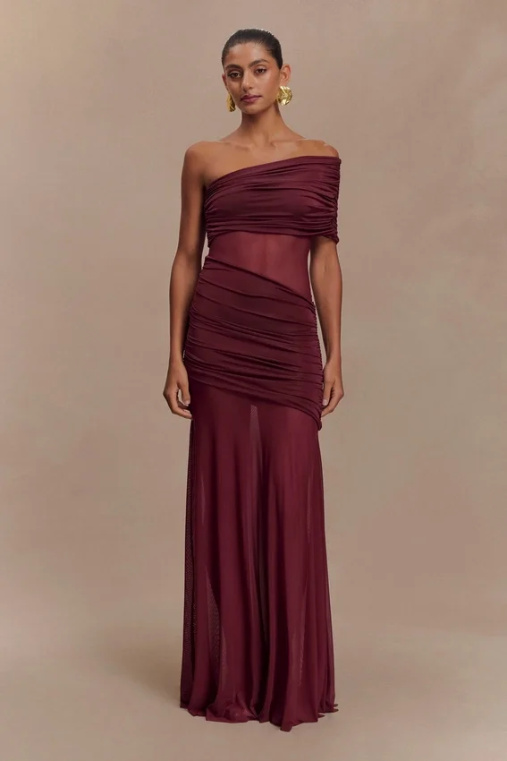 Dallas One Shoulder Mesh Maxi Dress – Burgundy Dallas One Shoulder Mesh Maxi Dress – Burgundy