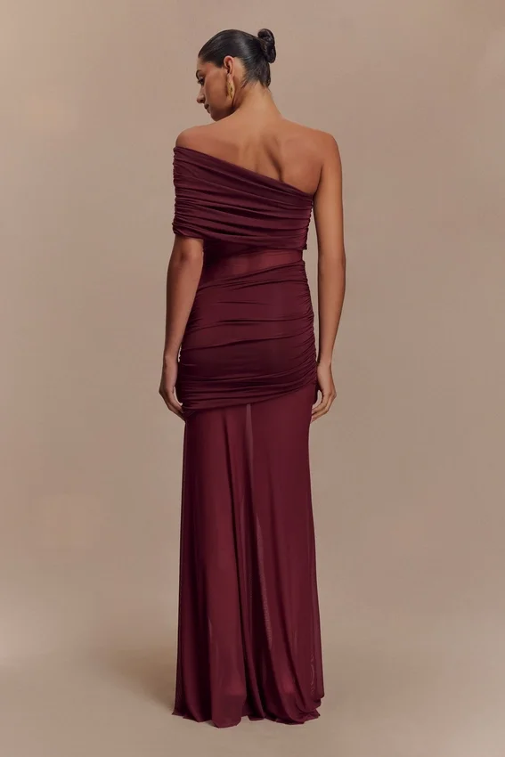 Dallas One Shoulder Mesh Maxi Dress – Burgundy Dallas One Shoulder Mesh Maxi Dress – Burgundy