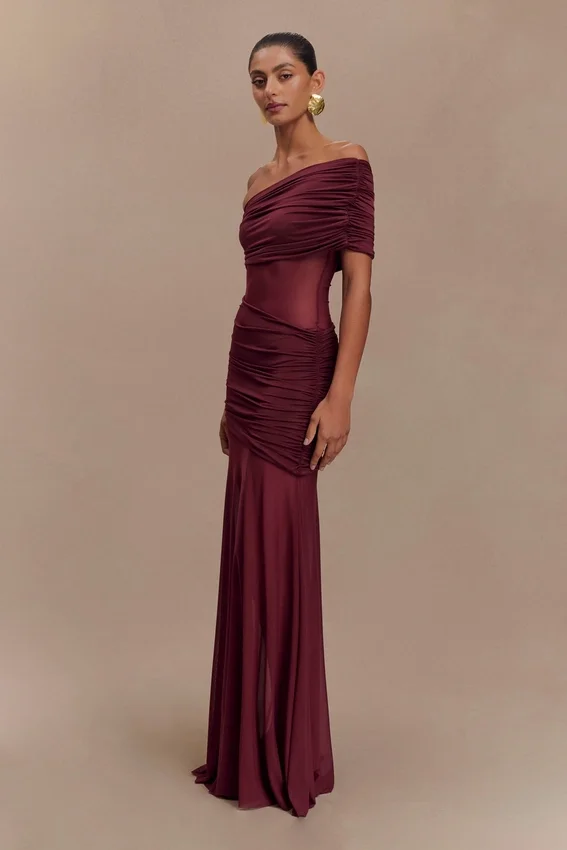 Dallas One Shoulder Mesh Maxi Dress – Burgundy Dallas One Shoulder Mesh Maxi Dress – Burgundy