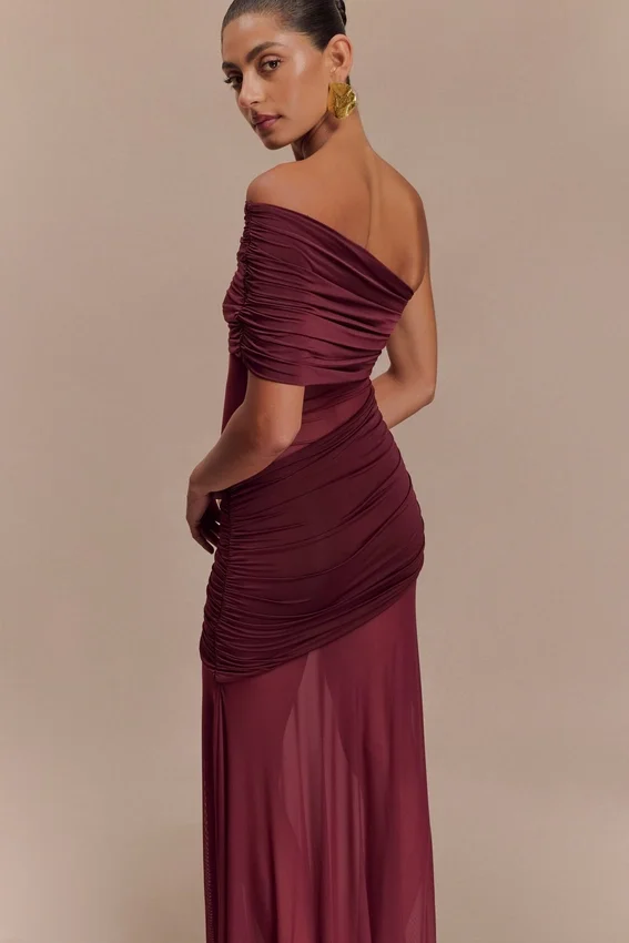 Dallas One Shoulder Mesh Maxi Dress – Burgundy Dallas One Shoulder Mesh Maxi Dress – Burgundy