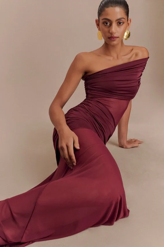 Dallas One Shoulder Mesh Maxi Dress – Burgundy Dallas One Shoulder Mesh Maxi Dress – Burgundy
