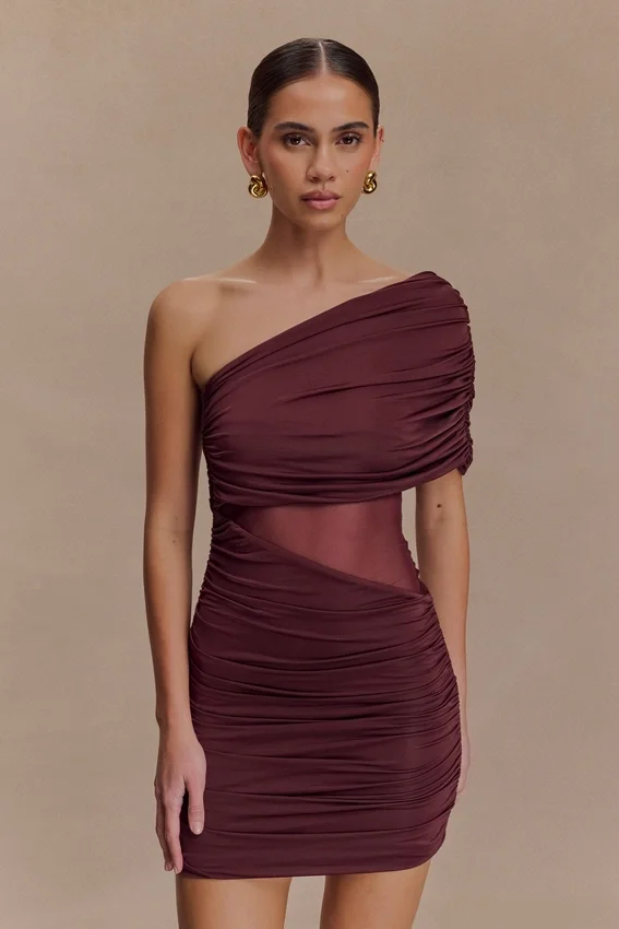 Dallas One Shoulder Mesh Mini Dress – Mahogany Dallas One Shoulder Mesh Mini Dress – Mahogany