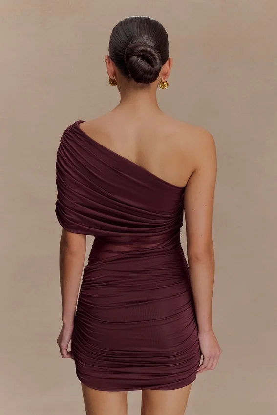 Dallas One Shoulder Mesh Mini Dress – Mahogany Dallas One Shoulder Mesh Mini Dress – Mahogany