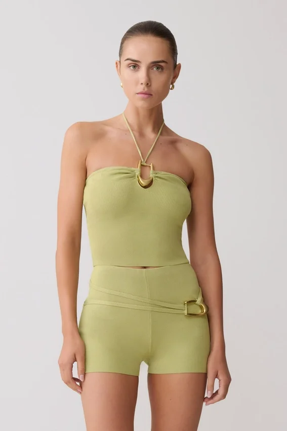 Dimitri Knit Halter Top With Hardware – Light Olive Dimitri Knit Halter Top With Hardware – Light Olive