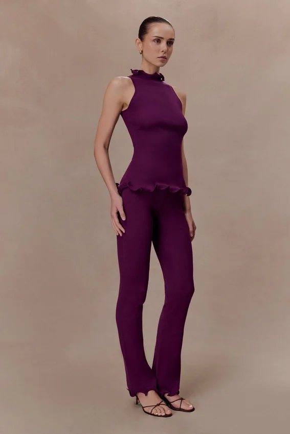 Diya Ribbed High Waisted Pants With Wire Hem – Plum Diya Ribbed High Waisted Pants With Wire Hem – Plum