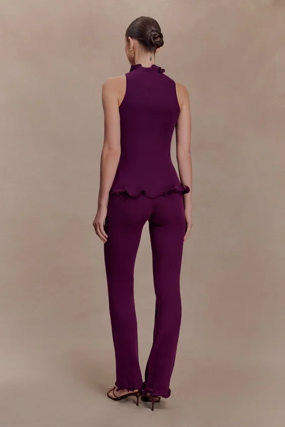 Diya Ribbed High Waisted Pants With Wire Hem – Plum Diya Ribbed High Waisted Pants With Wire Hem – Plum