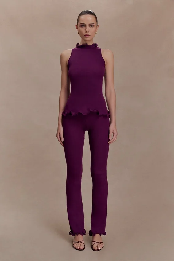 Diya Ribbed High Waisted Pants With Wire Hem – Plum Diya Ribbed High Waisted Pants With Wire Hem – Plum