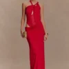 Edwina Knotted Mesh Maxi Dress – Red