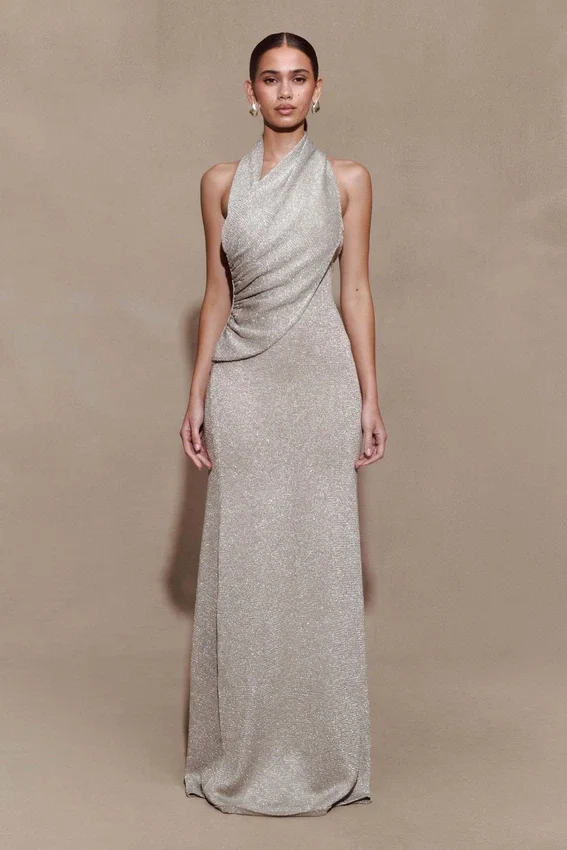 Elma Lurex Knit Halter Maxi Dress – Silver Elma Lurex Knit Halter Maxi Dress – Silver