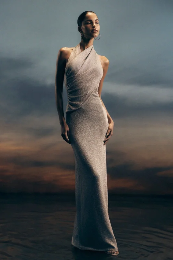 Elma Lurex Knit Halter Maxi Dress – Silver Elma Lurex Knit Halter Maxi Dress – Silver