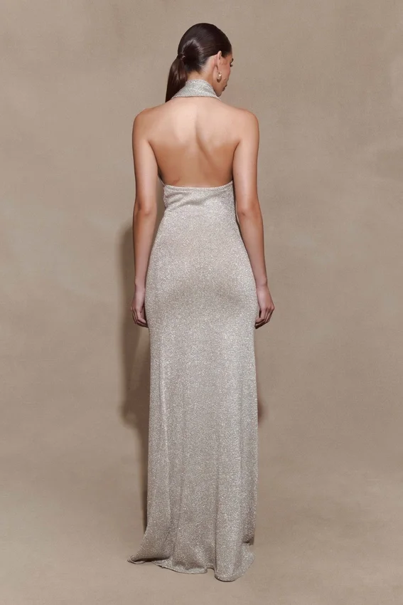Elma Lurex Knit Halter Maxi Dress – Silver Elma Lurex Knit Halter Maxi Dress – Silver