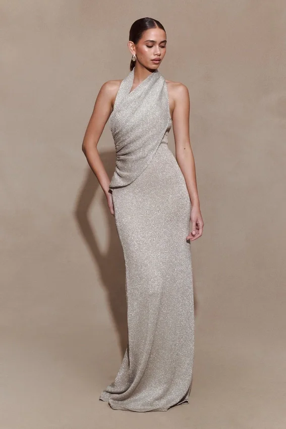 Elma Lurex Knit Halter Maxi Dress – Silver Elma Lurex Knit Halter Maxi Dress – Silver