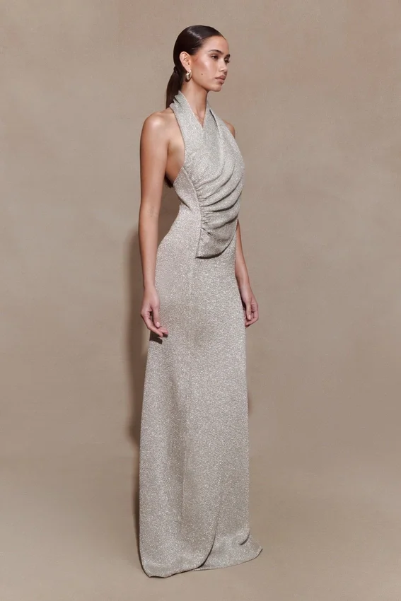 Elma Lurex Knit Halter Maxi Dress – Silver Elma Lurex Knit Halter Maxi Dress – Silver