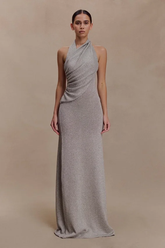 Elma Lurex Knit Halter Maxi Dress – Silver Elma Lurex Knit Halter Maxi Dress – Silver