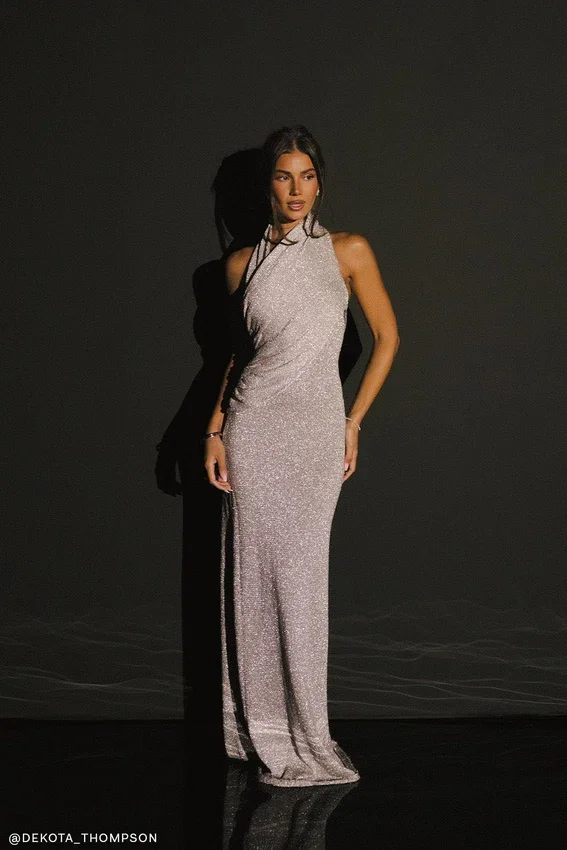 Elma Lurex Knit Halter Maxi Dress – Silver Elma Lurex Knit Halter Maxi Dress – Silver